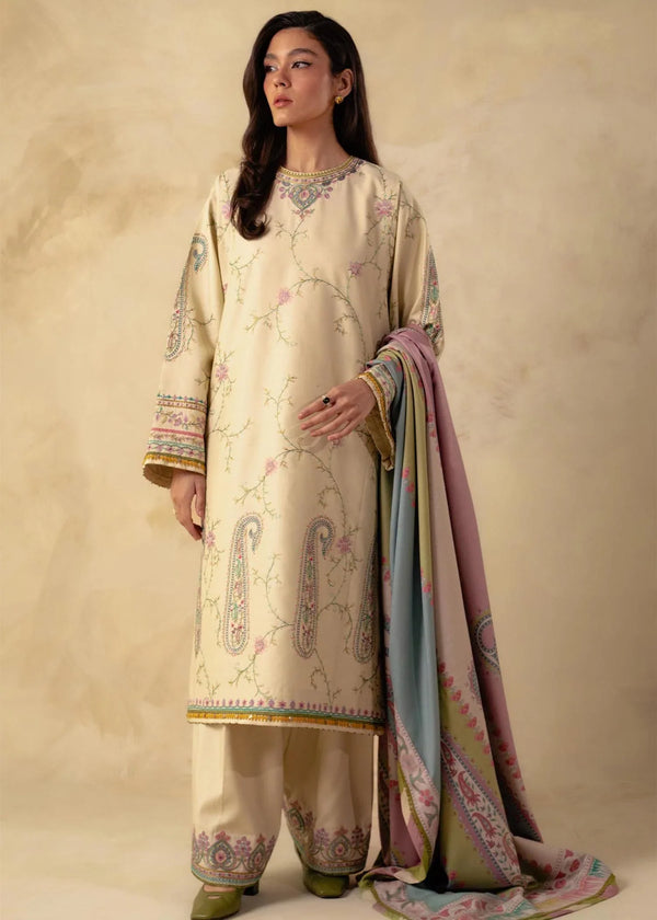 FULLY EMBROIDERED 3PC DHANAK DRESS WITH PRINTED DHANAK SHAWL-ZSJ534