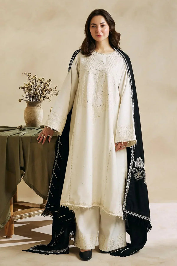 WOOL MAREENA 3PC EMBROIDERED DRESS EMBROIDERED SHAWL -ZSJ5037