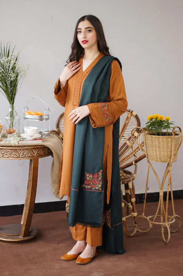 WOOL MARINA 3PC EMBROIDERED DRESS EMBROIDERED SHAWL_ZSJ5060