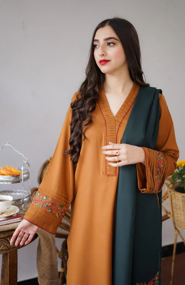 WOOL MARINA 3PC EMBROIDERED DRESS EMBROIDERED SHAWL_ZSJ5060