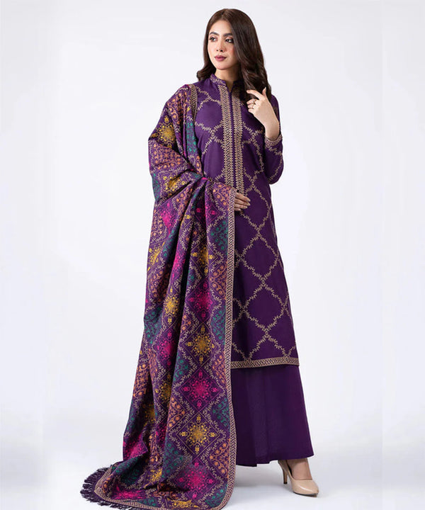 FULLY EMBROIDERED 3PC KARANDI DRESS WITH EMBROIDERED KARANDI SHAWL-ZSJ5074