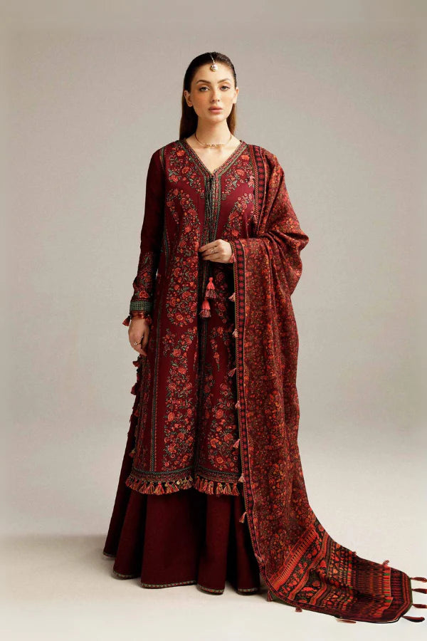 FULLY EMBROIDERED 3PC DHANAK DRESS WITH PRINTED DHANAK SHAWL-ZSJ5006