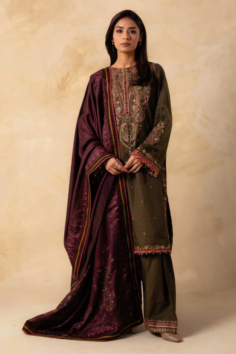 FULLY EMBROIDERED 3PC DHANAK DRESS WITH PRINTED DHANAK SHAWL-ZSJ558