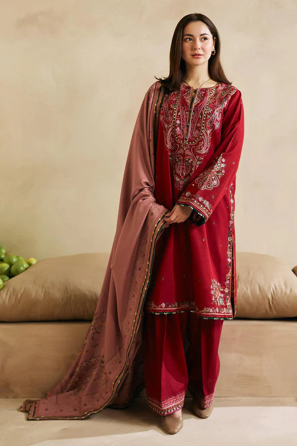 FULLY EMBROIDERED 3PC DHANAK DRESS WITH PRINTED DHANAK SHAWL-ZSJ5025