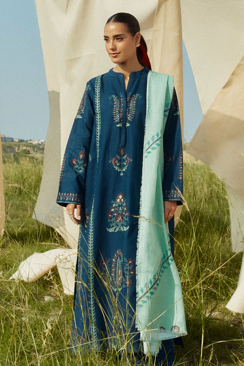 FULLY EMBROIDERED 3PC KHADDAR DRESS WITH PRINTED KHADDAR SHAWL-ZSJ5094