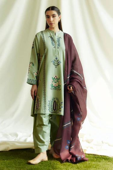 EMBROIDERED 3PC KHADDAR DRESS WITH PRINTED KHADDAR SHAWL-ZSJ5091