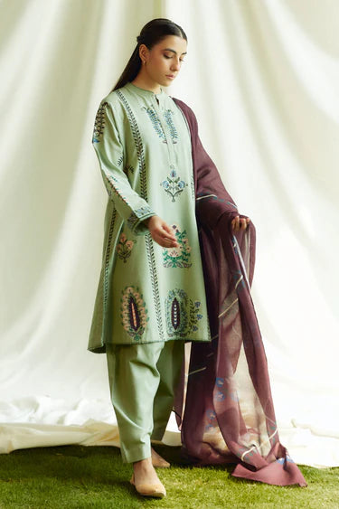 EMBROIDERED 3PC KHADDAR DRESS WITH PRINTED KHADDAR SHAWL-ZSJ5091