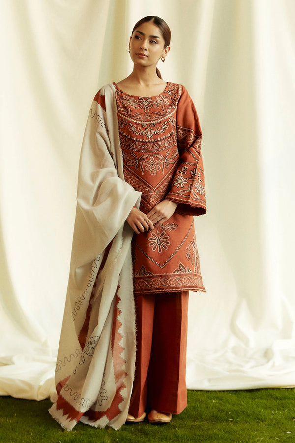 EMBROIDERED 3PC KHADDAR DRESS WITH PRINTED KHADDAR SHAWL-ZSJ5093