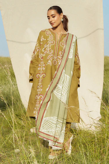 EMBROIDERED 3PC KHADDAR DRESS WITH PRINTED KHADDAR SHAWL-ZSJ5092