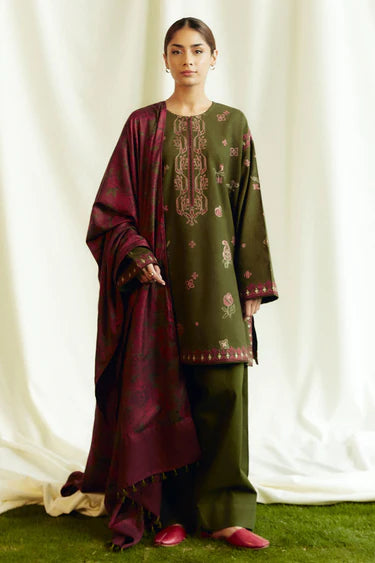 EMBROIDERED 3PC KHADDAR DRESS WITH PRINTED KHADDAR SHAWL-ZSJ5096