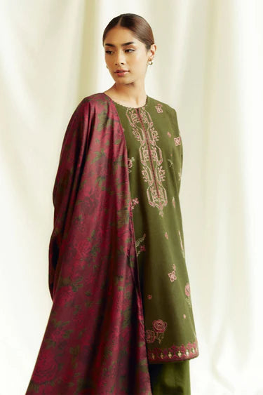 EMBROIDERED 3PC KHADDAR DRESS WITH PRINTED KHADDAR SHAWL-ZSJ5096