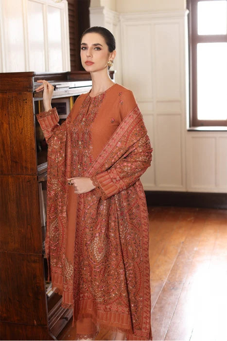 FULLY EMBROIDERED 3PC KARANDI DRESS WITH EMBROIDERED KARANDI SHAWL-ZSJ5015